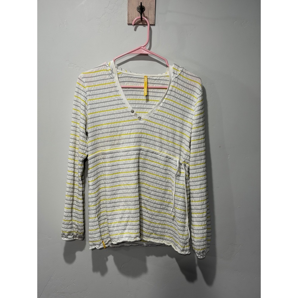 Lole Women Striped Textured Hoodie V-Neck Drawstring Waist White Yellow Grey M